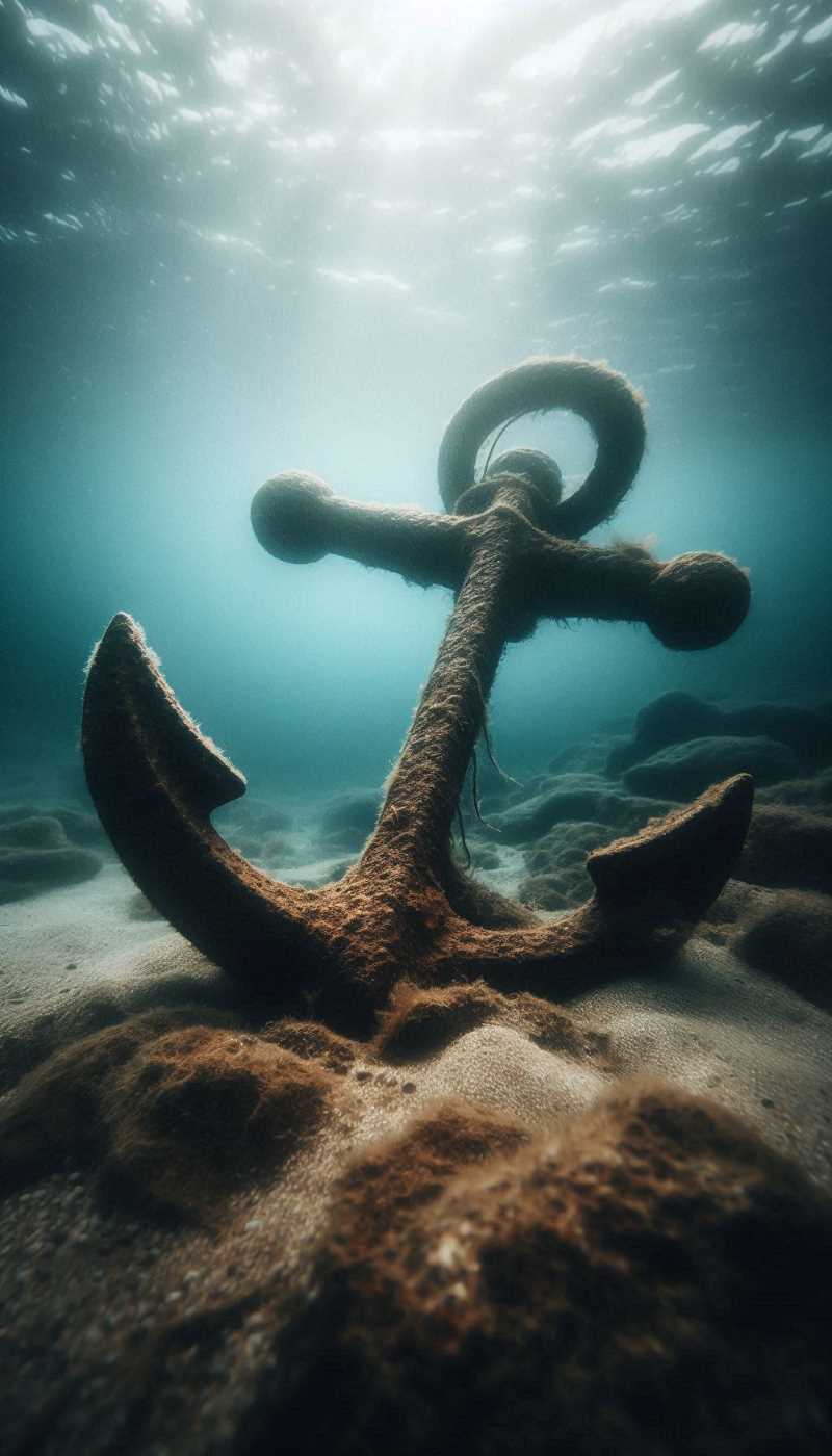 A close-up of a rusty anchor resting on the ocean floor.