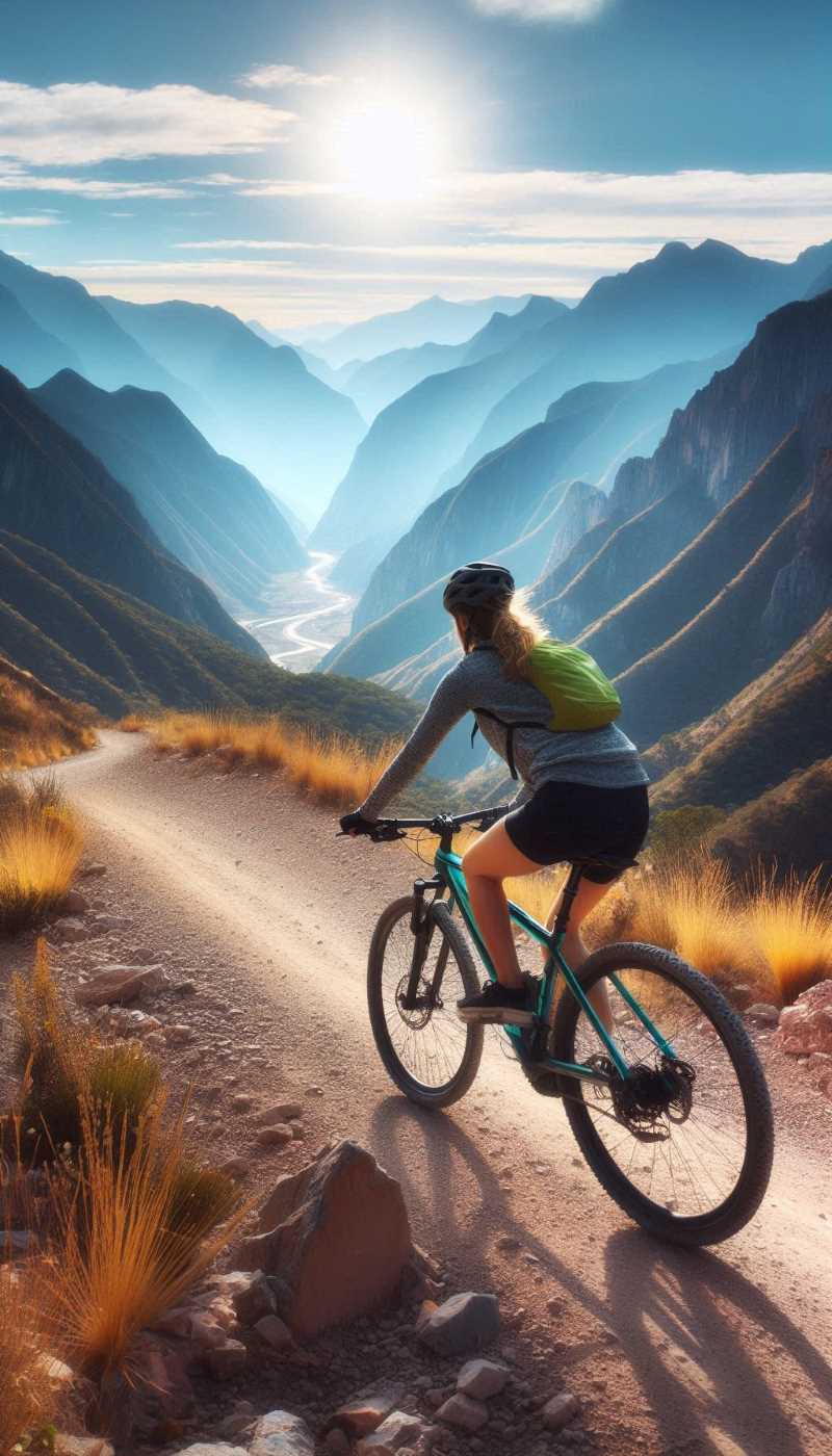 A cyclist riding down a steep mountain trail in the Copper Canyon.