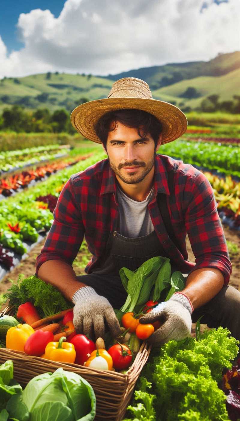 A farmer harvesting fresh produce from a vibrant field.