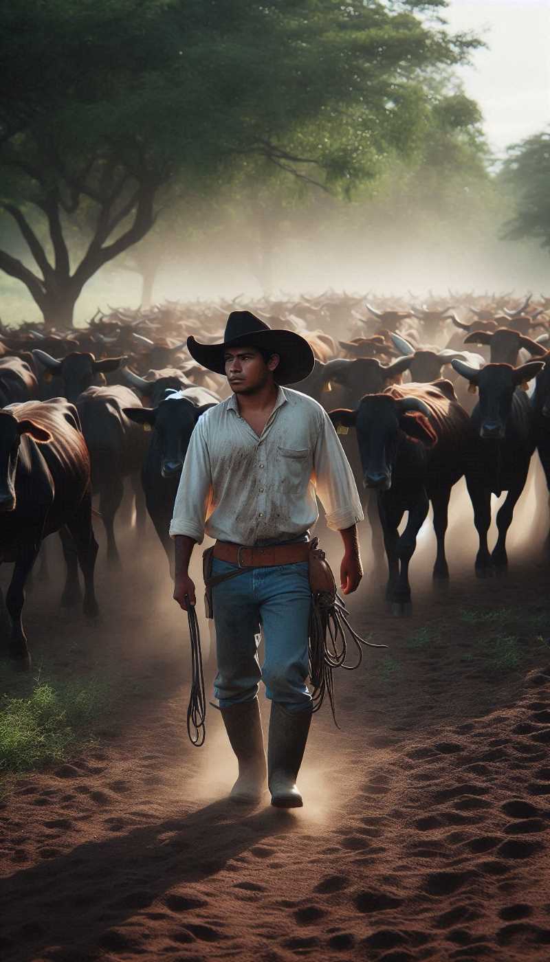 A farmer herding cattle on a ranch in Tabasco.