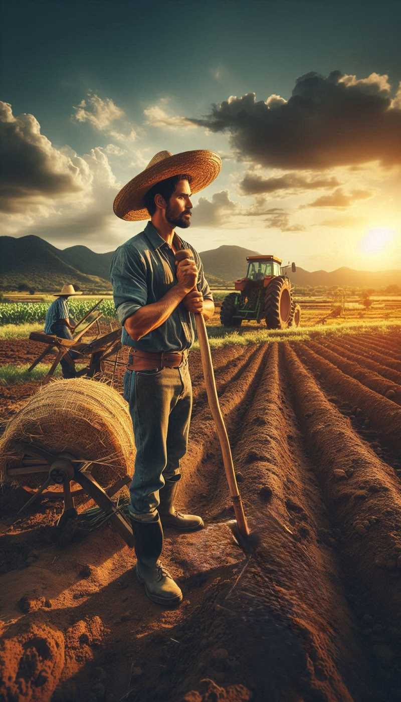 A farmer using a traditional tool to work the land, with modern agricultural equipment in the background.