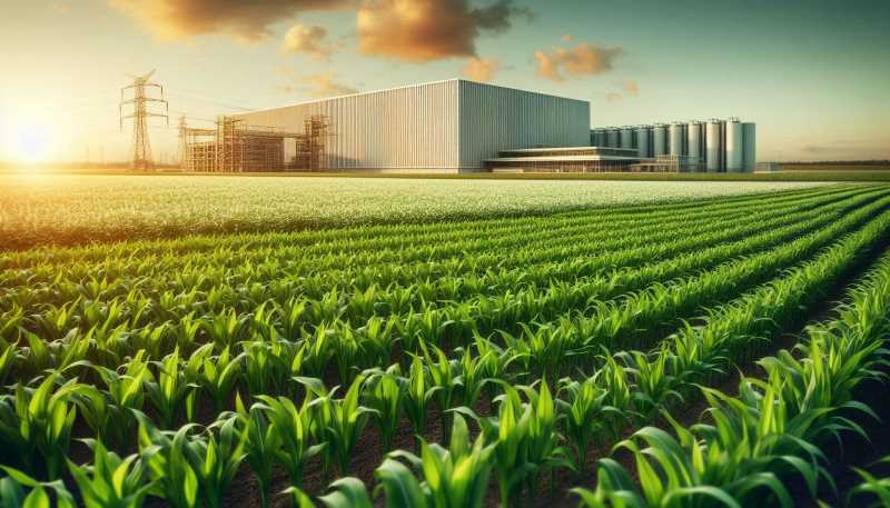 A field of crops growing lush and green, with a modern agricultural facility in the background.