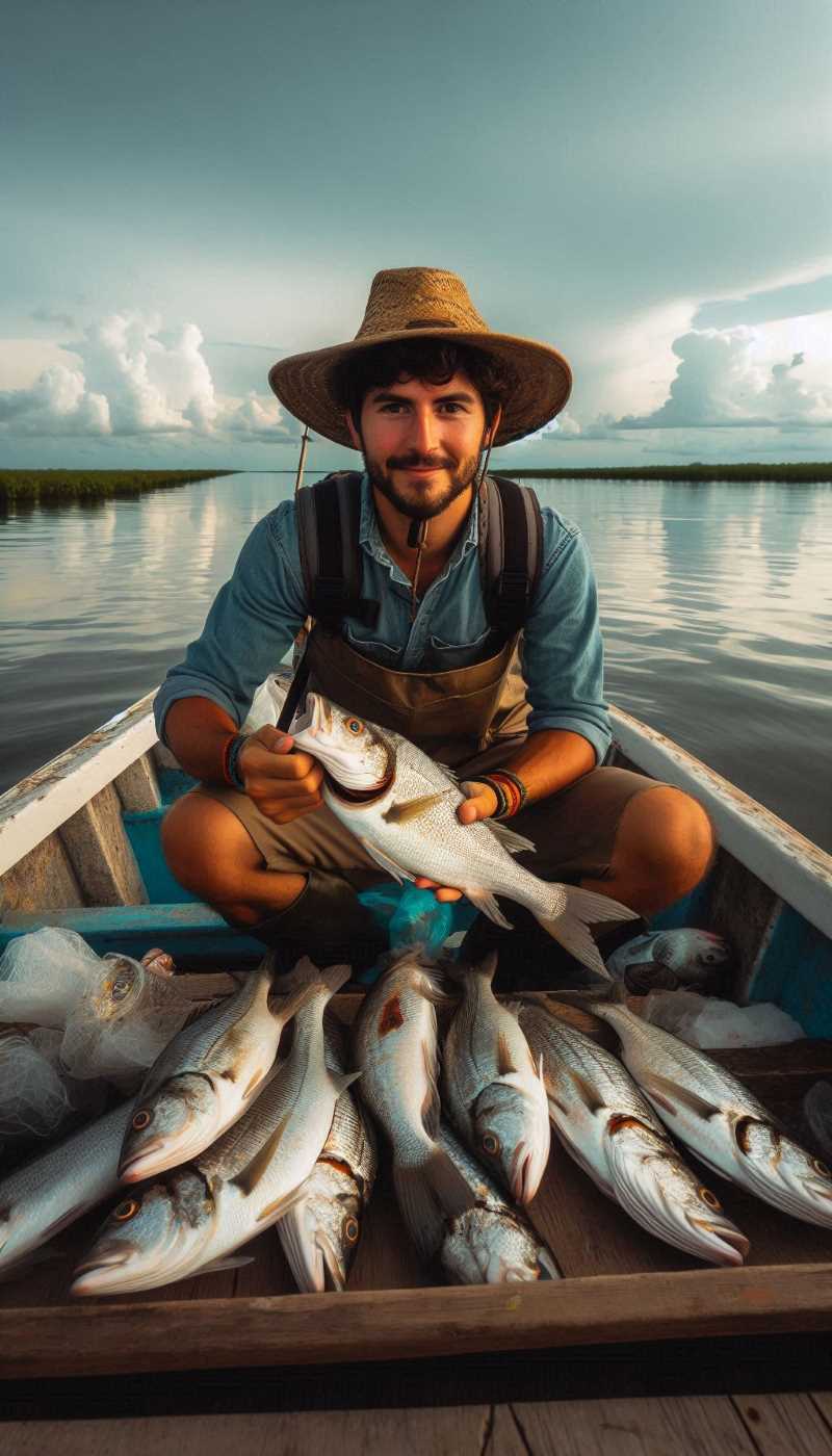 A fisherman holding a large catch of fish on a boat.