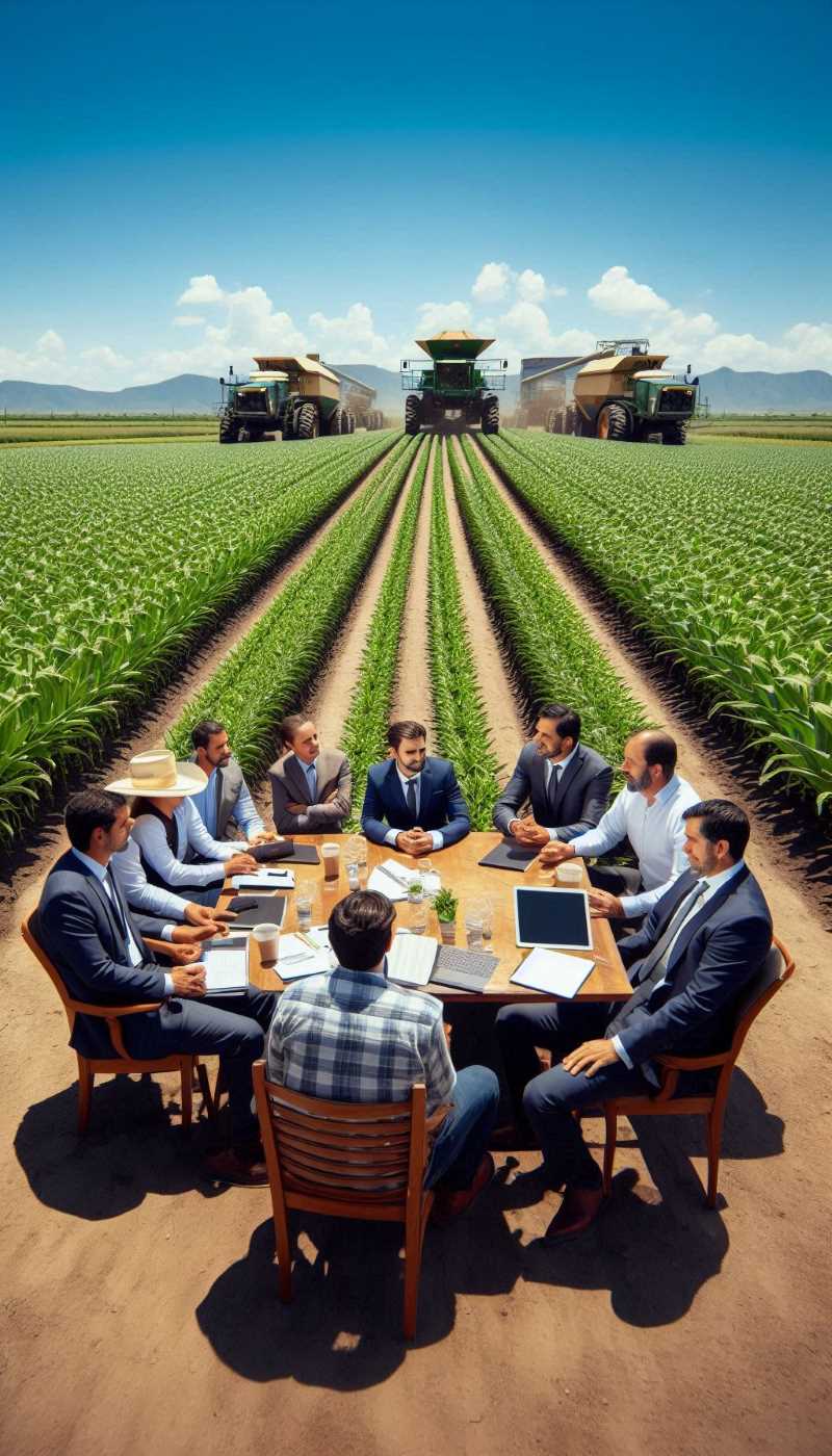 A group of corporate executives discussing sustainable agriculture practices.