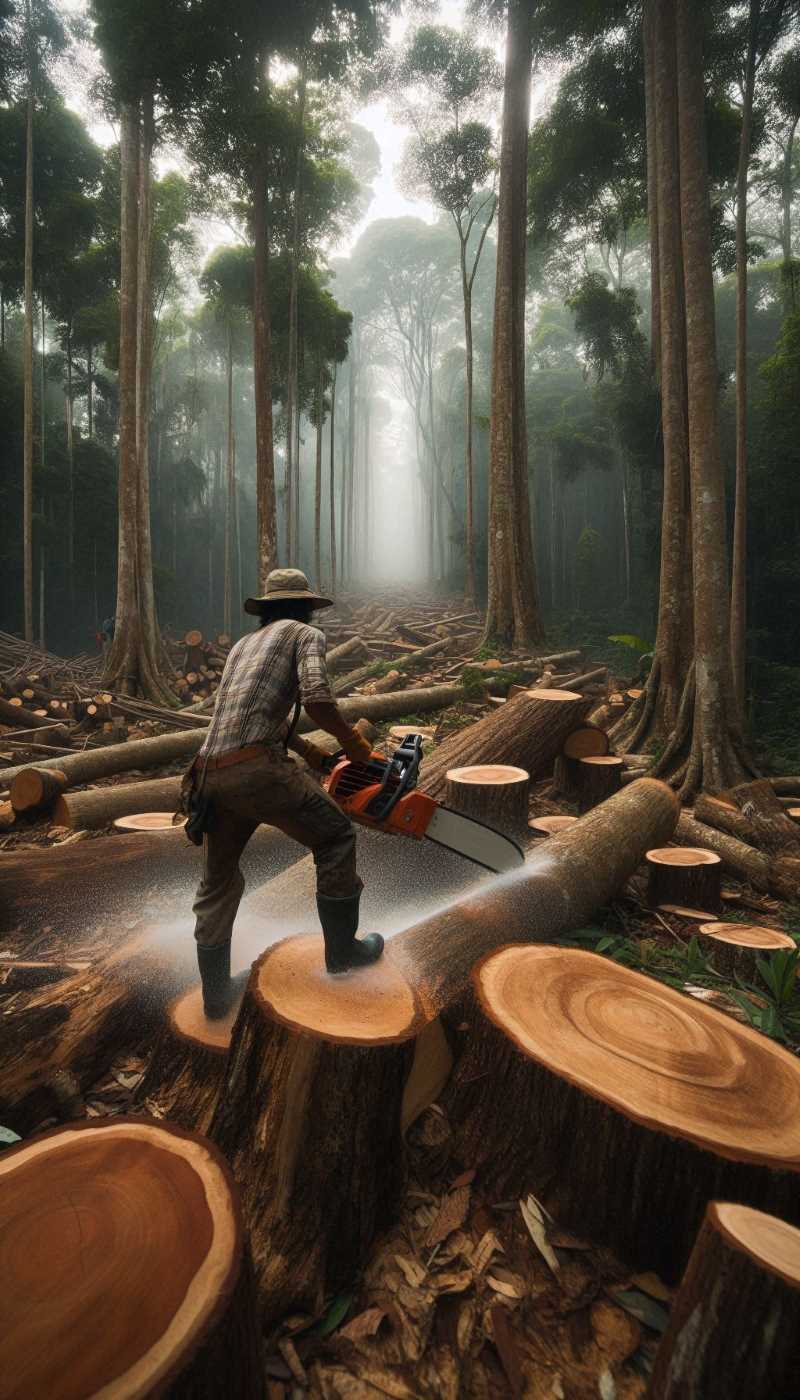 A lumberjack cutting down a tree in a forest.