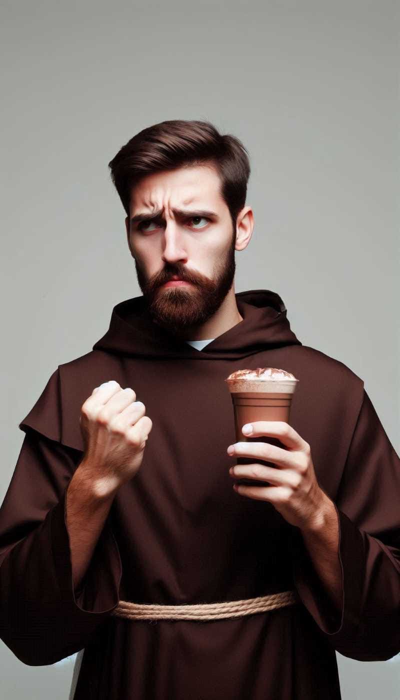 A monk drinking a cup of chocolate, looking conflicted.