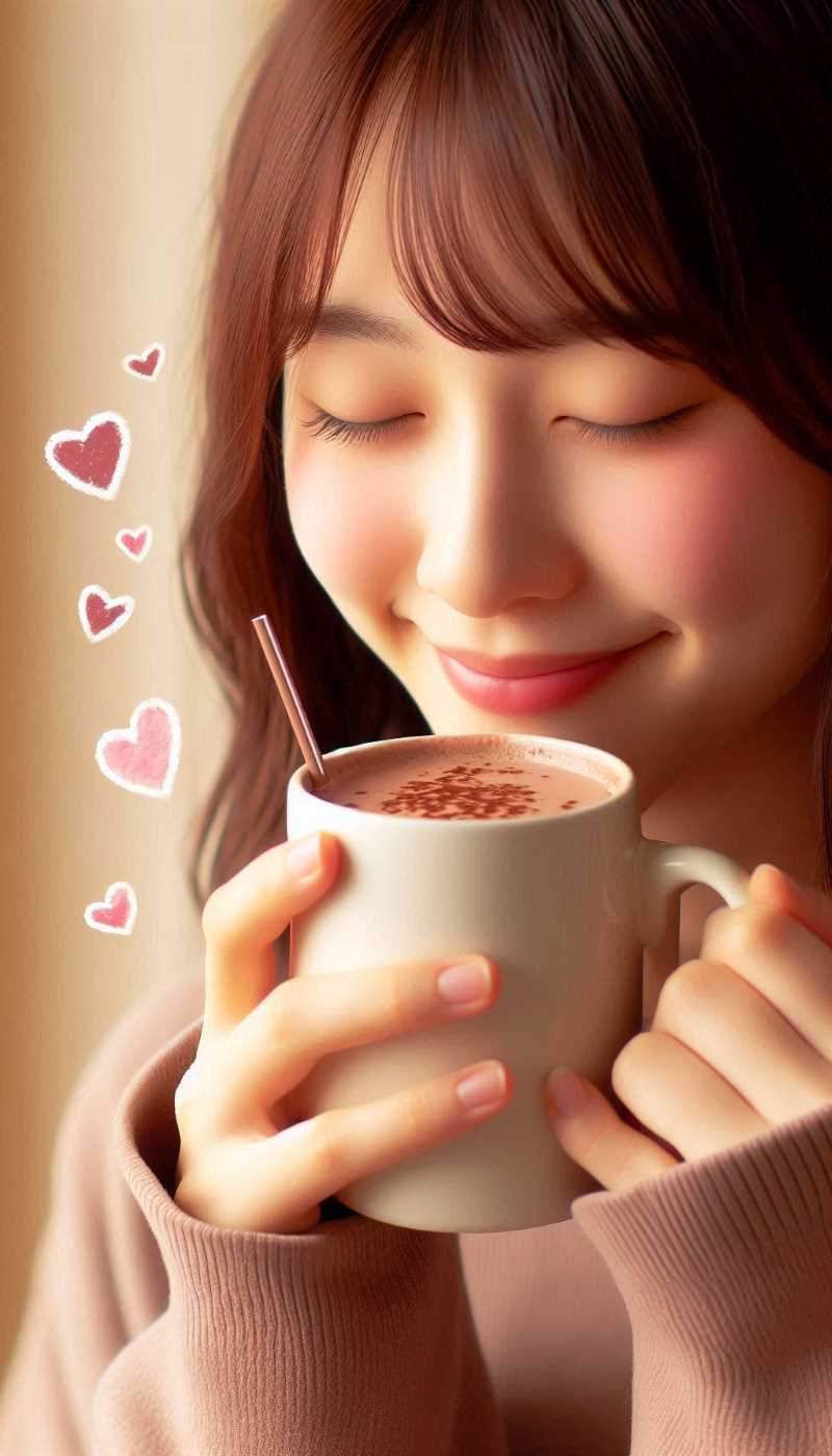 A person sipping a cup of chocolate, with a steamy mug and a satisfied expression.