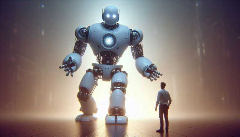 A person standing in front of a giant AI robot, looking both amazed and terrified.