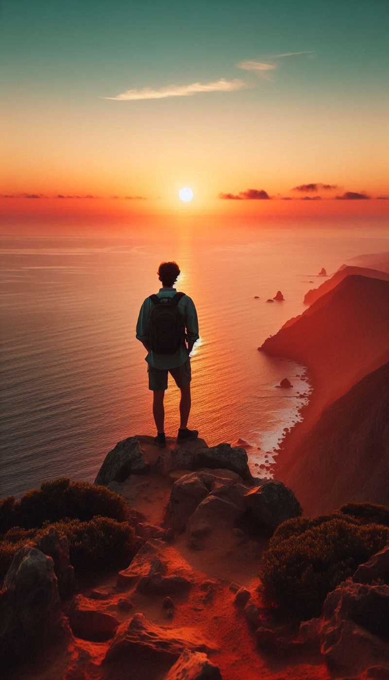 A person standing on a cliff overlooking a vast ocean, watching the sun dip below the horizon.