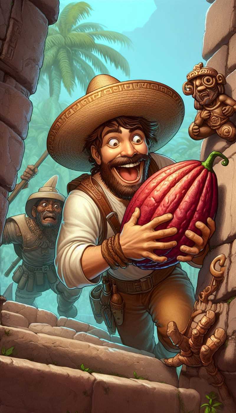 A digital illustration of a Spanish conquistador stealing a cocoa bean from an Aztec temple, with a look of excitement and fear.