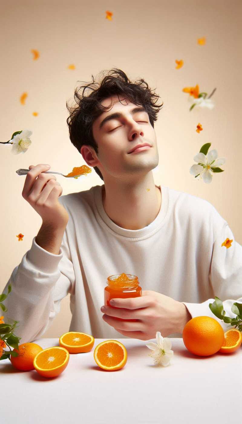 A photo of a person holding a spoonful of orange blossom jam, with a dreamy expression and a few fresh orange blossoms scattered around them.