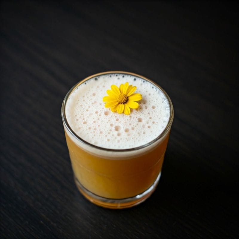 A glass of bupu, a traditional Mexican drink made with fermented corn, garnished with a mayflower.