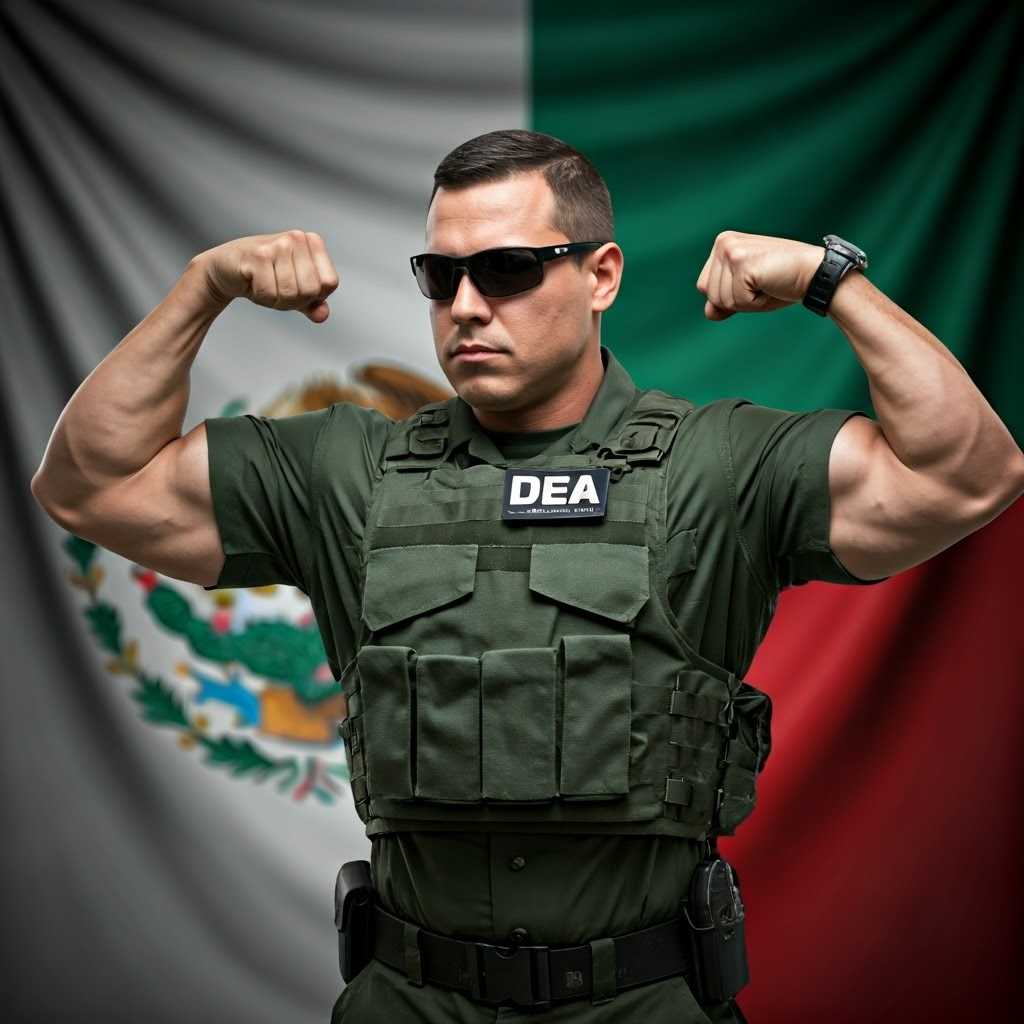 DEA agent, flexing his muscles, with the Mexican flag in the background.