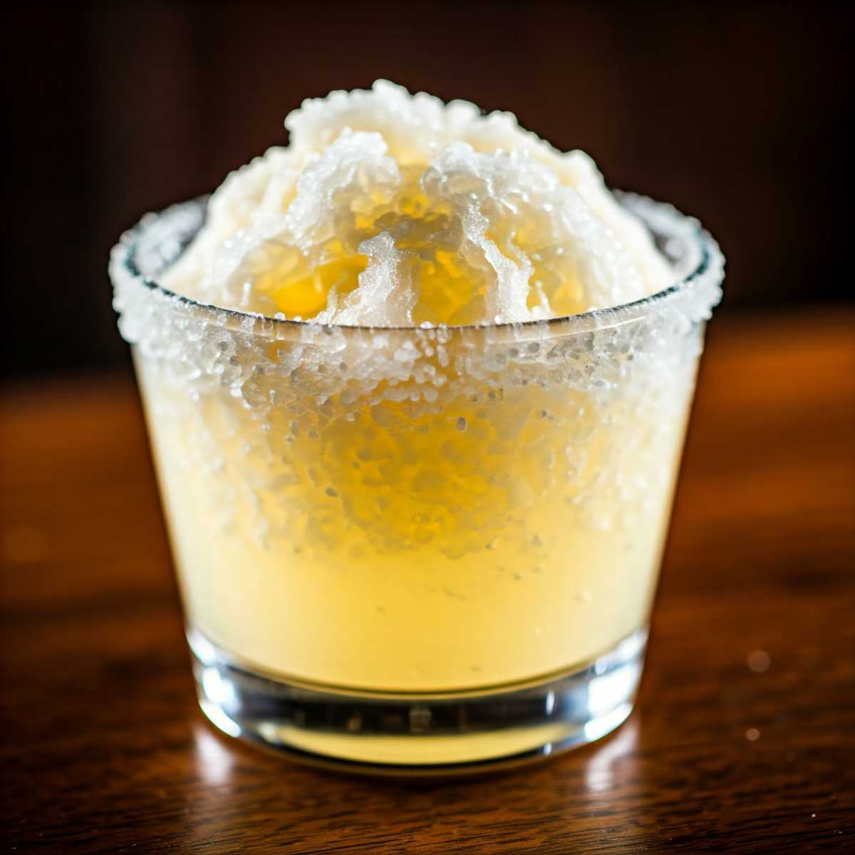 A close-up of a Margarita Raspado, showing the layers of shaved ice, tequila, and chamoy sauce.