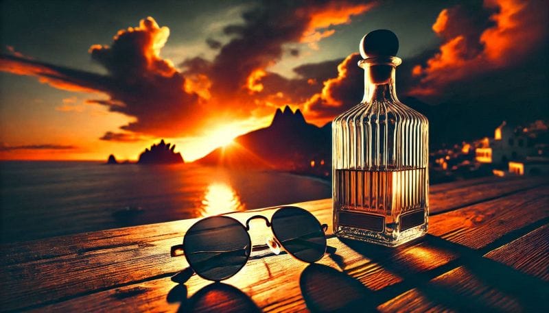 Mexican sunset with a half-empty bottle of tequila in the foreground, and a pair of sunglasses perched on top.