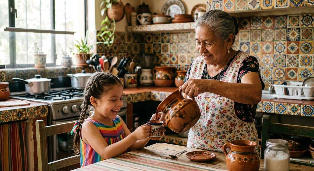 A grandmother pours coffee from a clay pot into a mug held by her granddaughter in a sunlit kitchen.