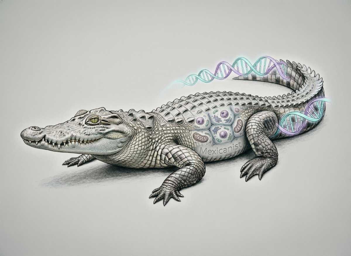 Artistic diagram illustration showing a crocodile silhouette with cellular-level detail and DNA helix patterns.