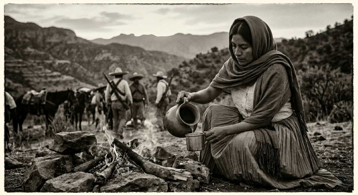 A Mexican revolutionary woman (Adelita) brewing coffee in a clay pot in the mountains.