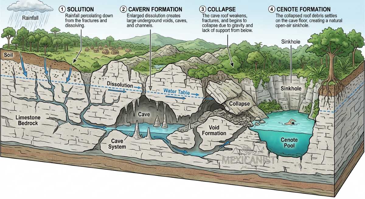 Cross-section diagram showing how cenotes form within the limestone karst system.