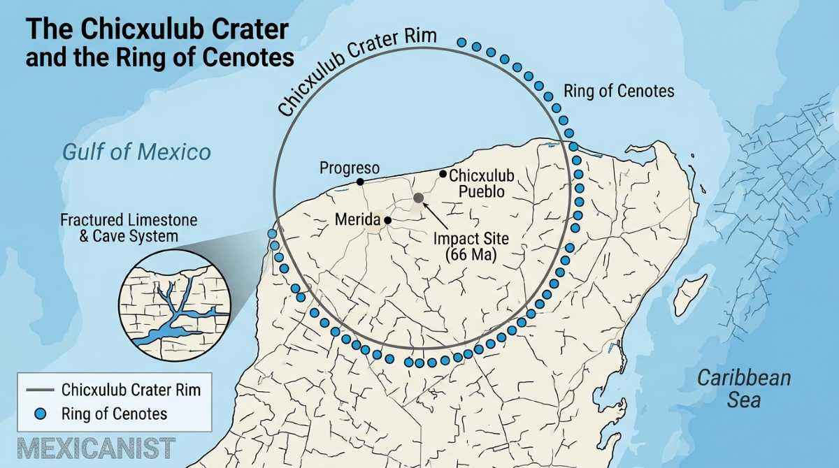 Map of the Yucatan Peninsula showing the Ring of Cenotes aligned with the Chicxulub crater rim.