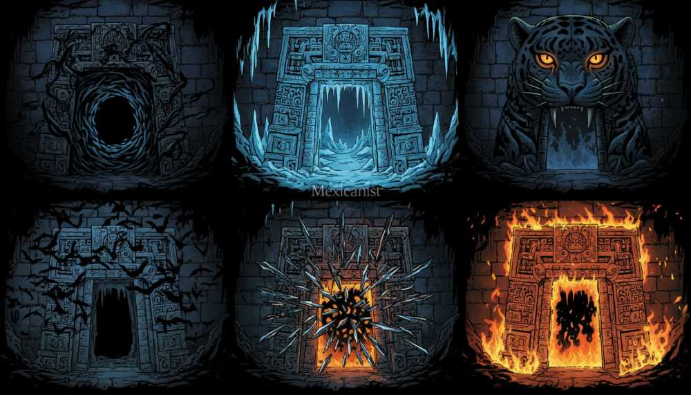 Six illustrated doorways arranged in two rows, each depicting a House of Trial.