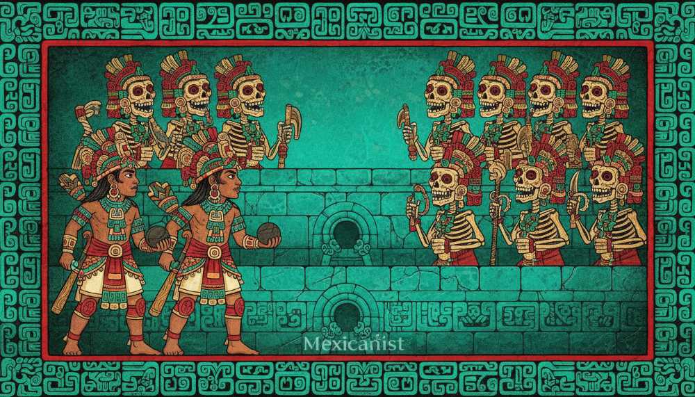 Stylized illustration of Hunahpu and Xbalanque facing twelve skeletal death gods across a Maya ballcourt.