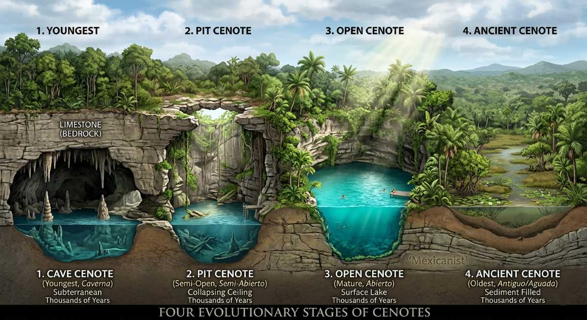 The four evolutionary stages of cenotes, from youngest (cave cenote) to oldest (ancient cenote).