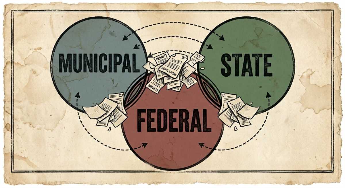 Three overlapping jurisdiction circles with bureaucratic documents in the gaps.