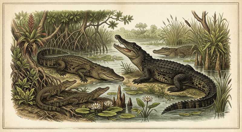 Vintage-style scientific illustration of multiple Morelet's crocodiles of varying sizes in a Yucatán wetland, showing territorial posturing and social hierarchy.