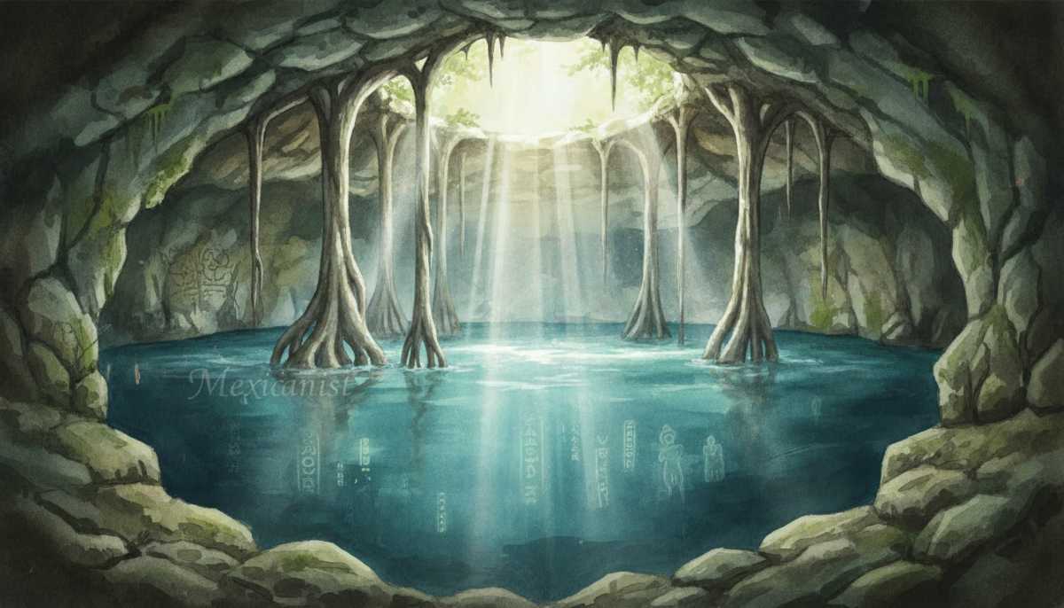 Watercolor-style illustration of a cenote as mystical portal, showing massive ceiba tree roots descending through limestone opening.