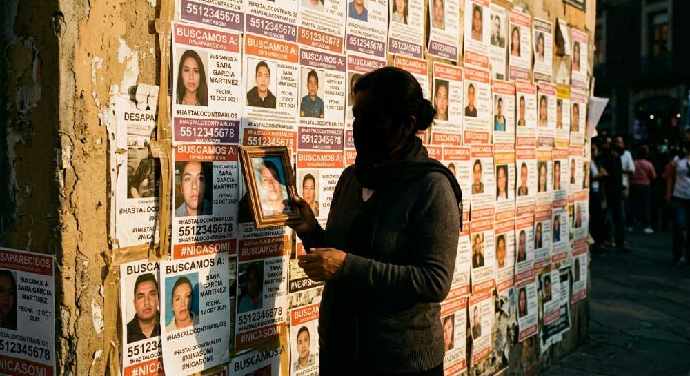Woman holding photo frame against wall of missing persons posters.