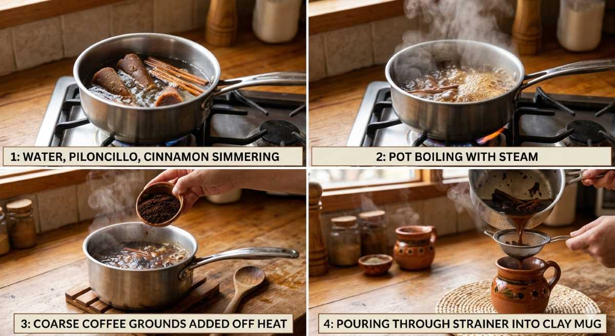 Split screen collage of four brewing steps for Mexican spiced coffee.
