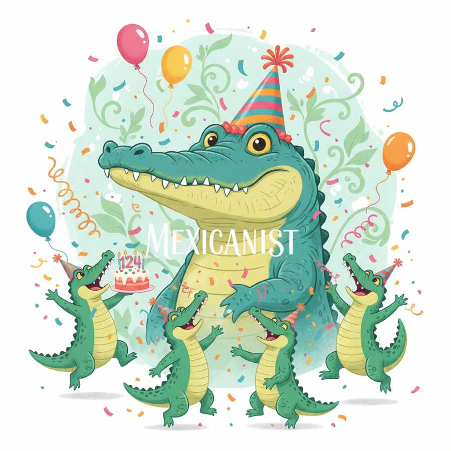 Whimsical portrait illustration of Henry the Nile crocodile wearing a party hat, surrounded by cartoon baby crocodiles and confetti.