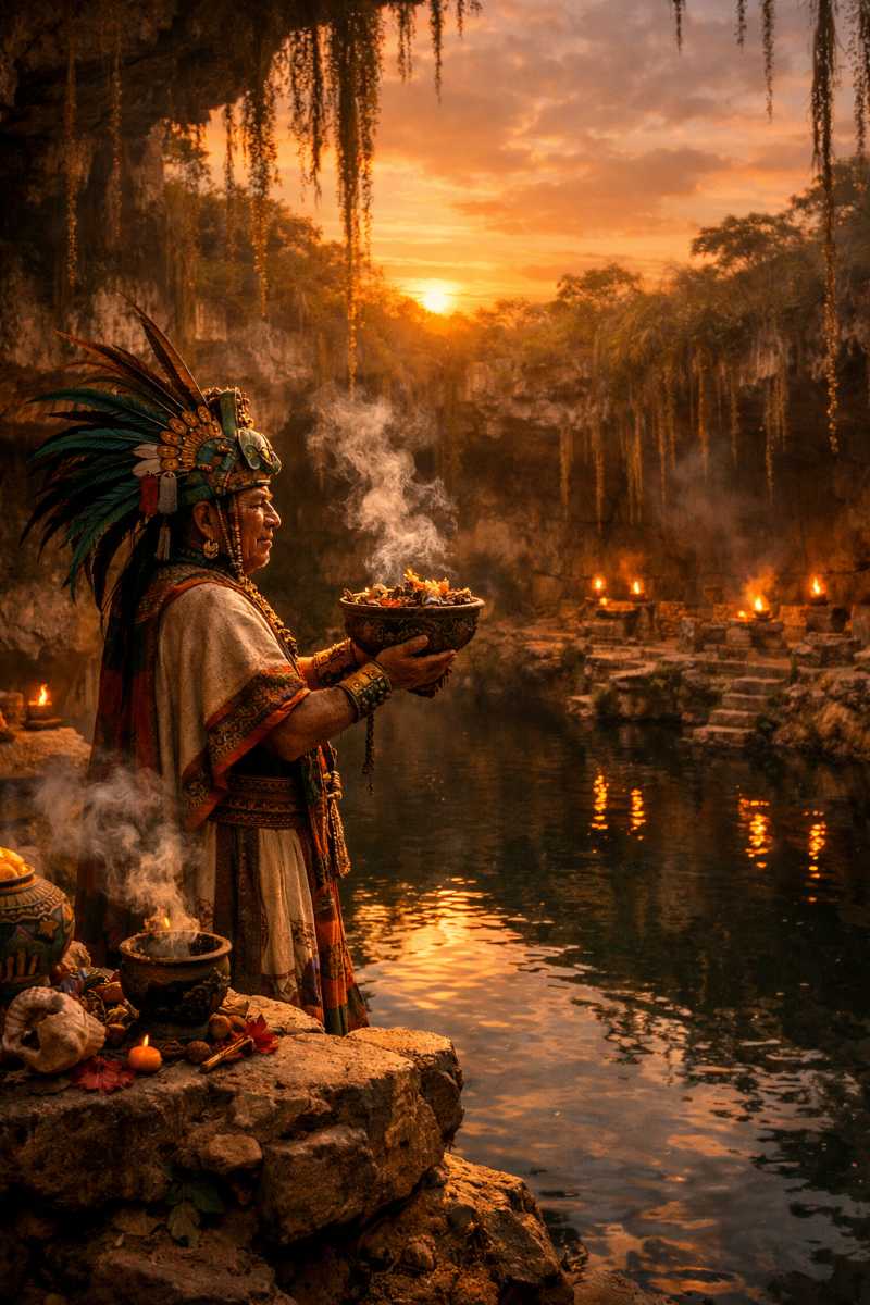 Artistic rendering of ancient Mayan priest at cenote edge at sunset, holding ceremonial offering, sacred ritual atmosphere.