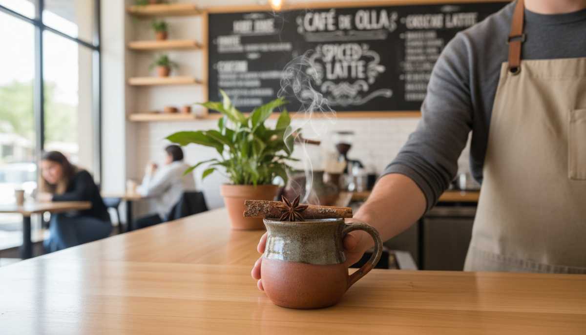 A barista with a neutral apron is placing a ceramic mug on the counter.