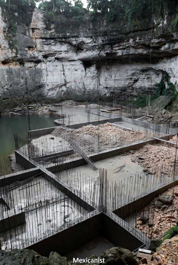 A cenote in Playa del Carmen partially filled with concrete and construction debris by a real estate developer.