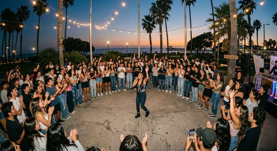 A large crowd of young people forms a circle in an Ensenada park at dusk to watch a freestyle rap battle.