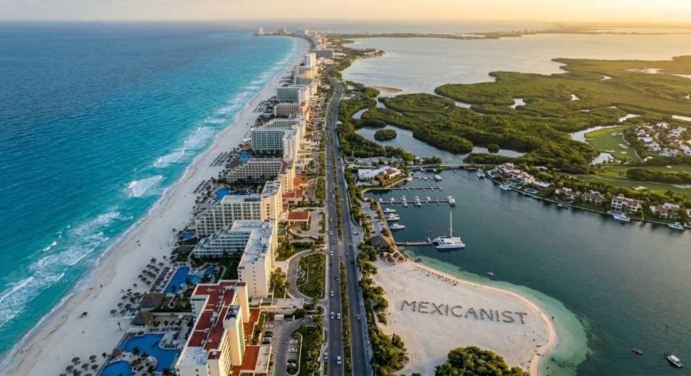 Aerial view of the Cancún hotel zone showing the contrast between the beachfront and the mangrove forest.