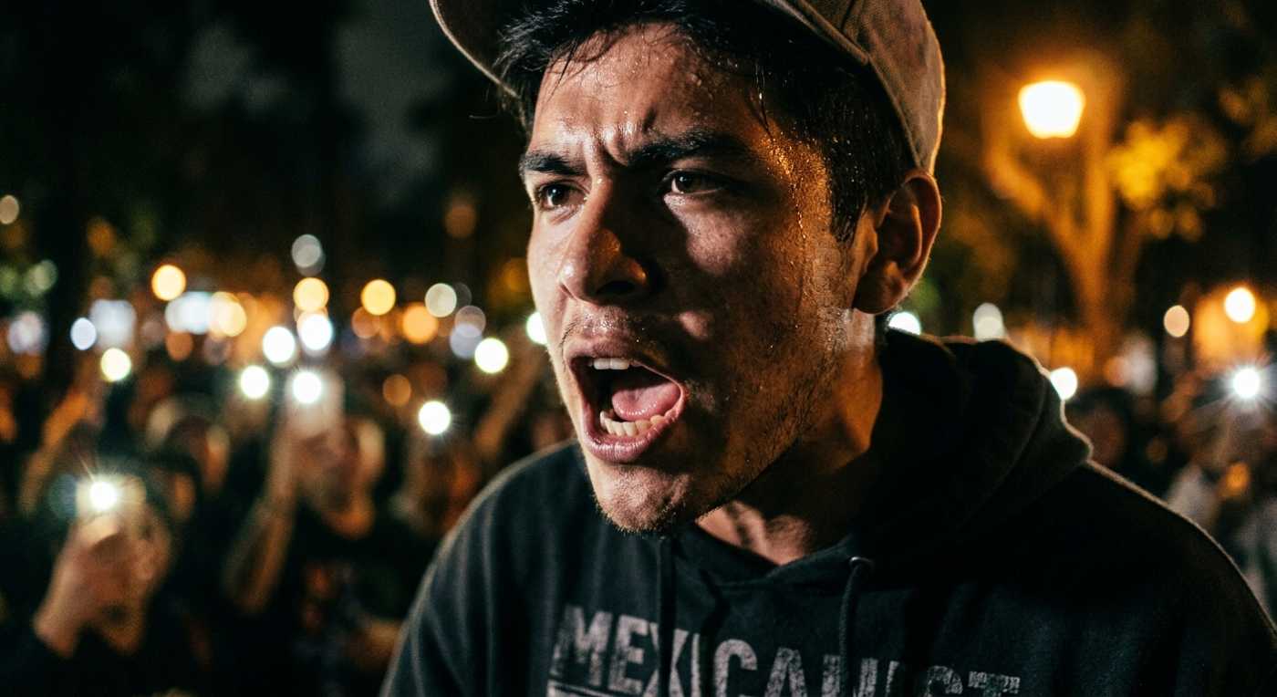 Close-up of a young Mexican man performing with intense concentration and passion at an Ensenada freestyle rap battle, sweat on his forehead.