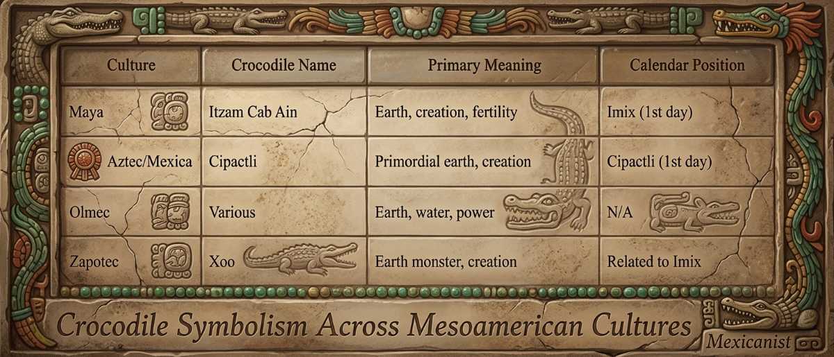 A neatly formatted table titled "Crocodile Symbolism Across Mesoamerican Cultures"