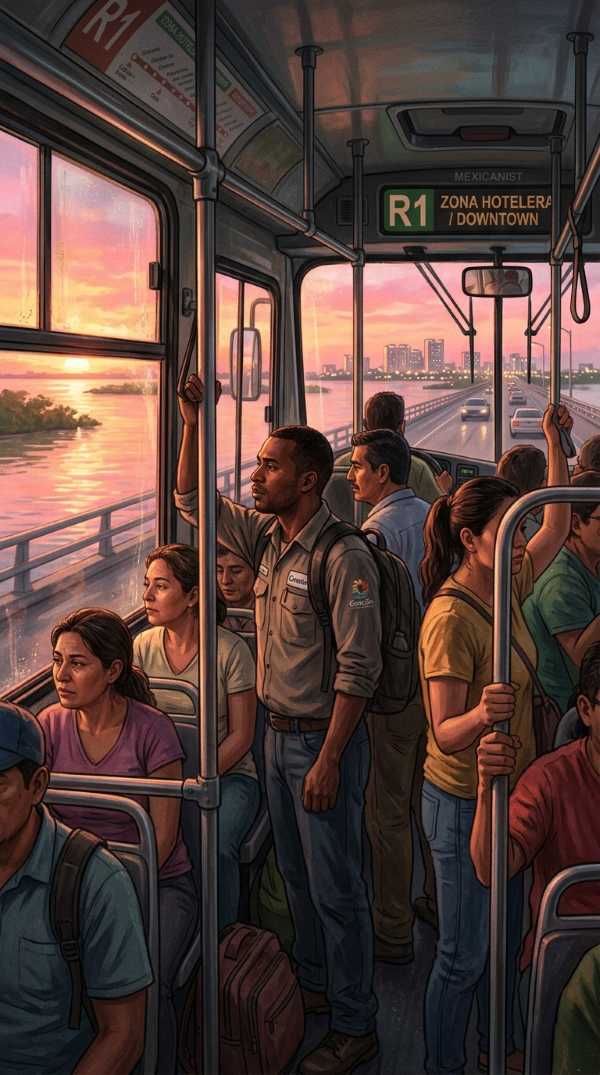 Dawn view from inside a crowded R1 bus crossing the Nichupté Lagoon bridge into Cancún’s Hotel Zone.