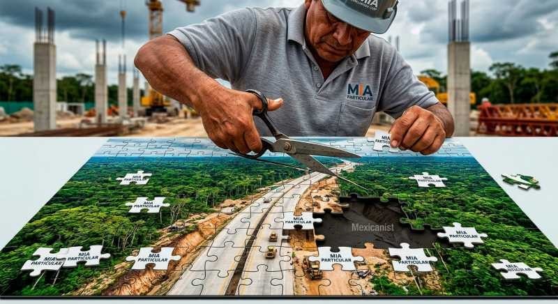 Developer’s hands cutting a jungle landscape puzzle into pieces, each labeled MIA Particular.