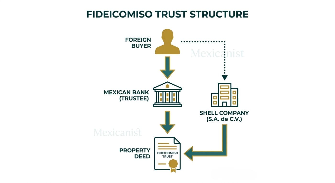 Diagram of the fideicomiso bank trust structure showing how foreign buyers hold property through Mexican banks or shell companies.