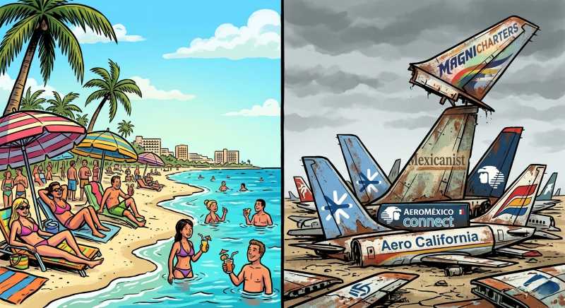 Editorial split illustration showing Cancún tourism alongside a graveyard of defunct Mexican airline logos.