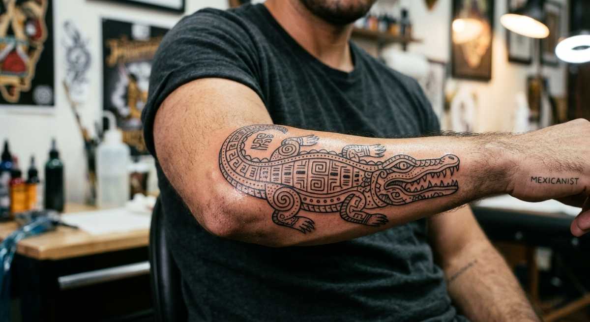 Fresh black ink crocodile tattoo on forearm, Maya glyph style design showing stylized crocodile profile.
