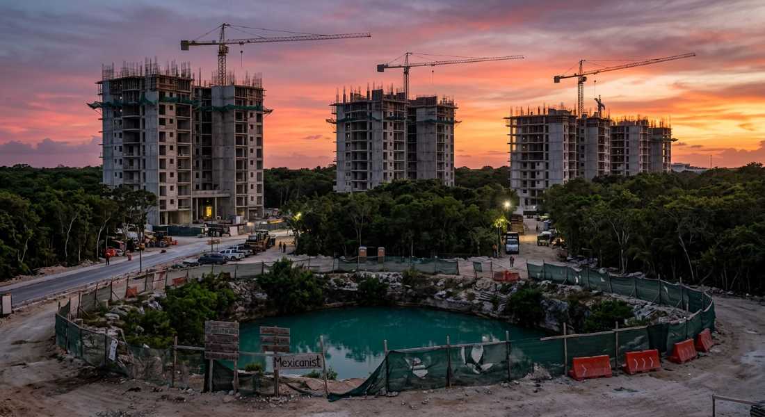 Half-finished condominium towers in Tulum rising above the jungle at dusk, with a cenote visible in the foreground.