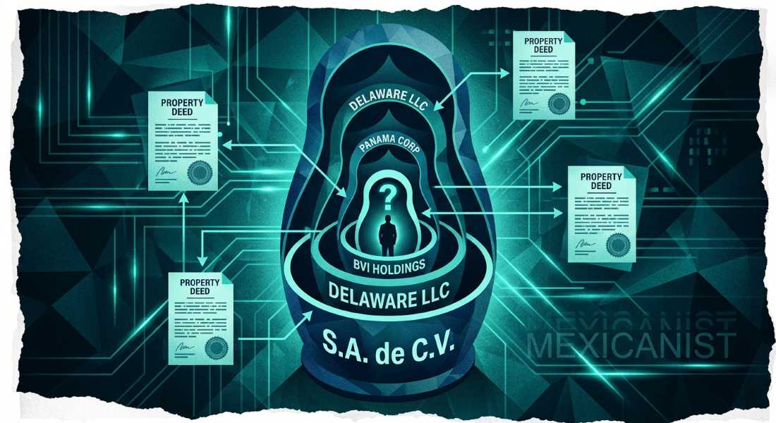 Illustration of nested shell company structures showing how anonymous ownership is layered through multiple corporate entities.