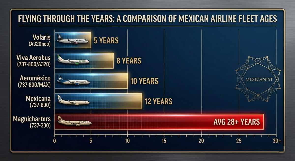 Infographic comparing average fleet age of Mexican airlines, with Magnicharters' Boeing 737-300.