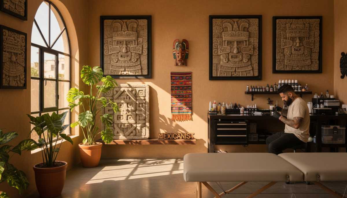 Interior view of Playa del Carmen tattoo studio showing artist workspace with Maya-inspired flash designs on walls.