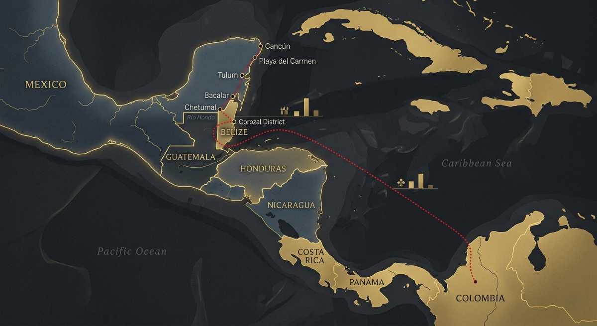Map showing the cocaine trafficking route from South America through Belize into Quintana Roo.